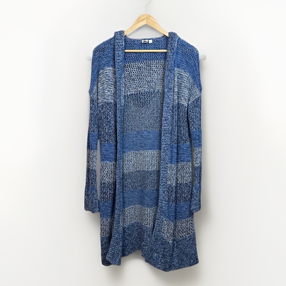 Gap Blue Striped Hooded Cardigan Women Large Open Front Long Length Knit Sweater